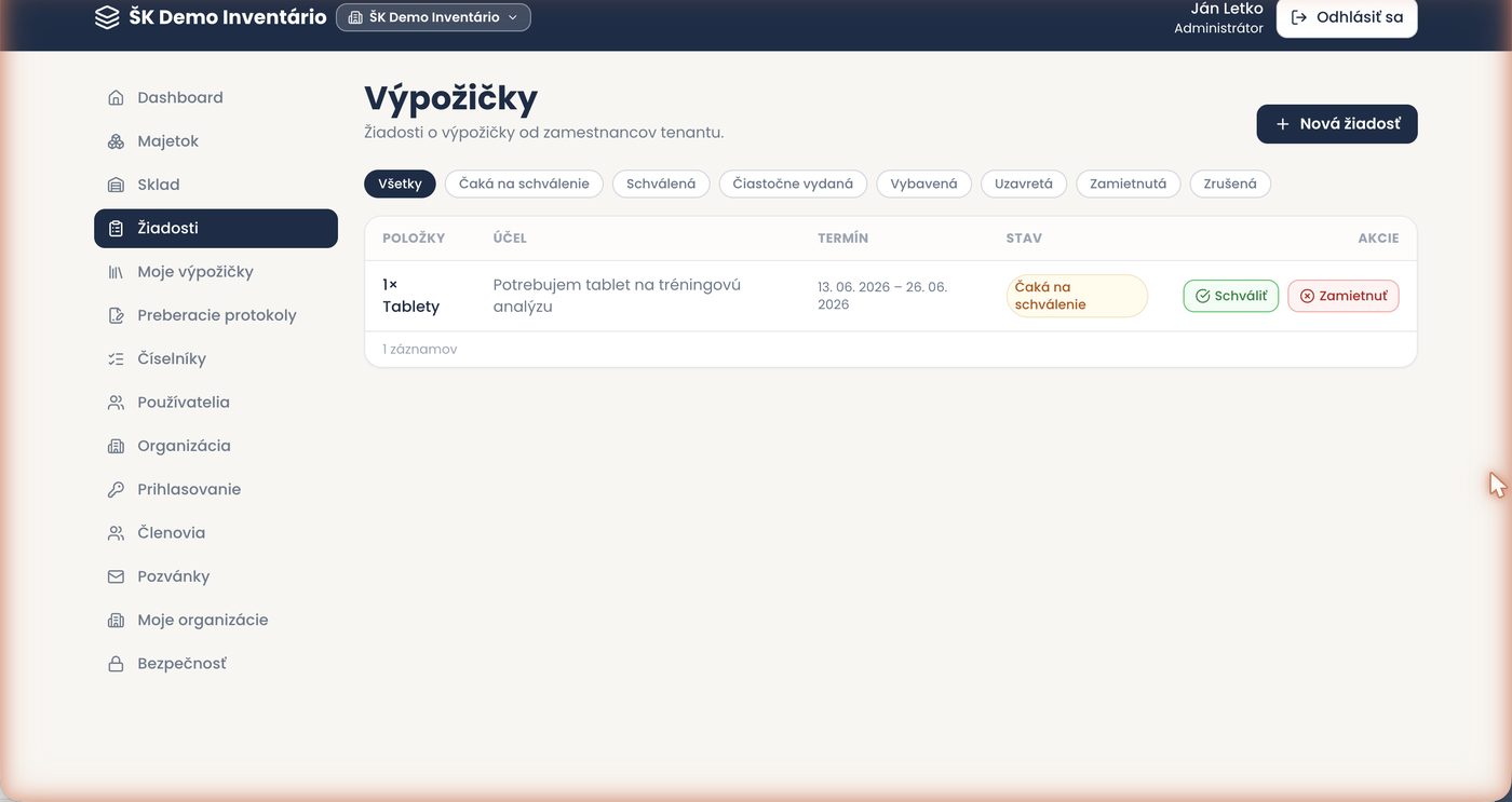 Žiadosti o výpožičku Inventario — schvaľovacia queue