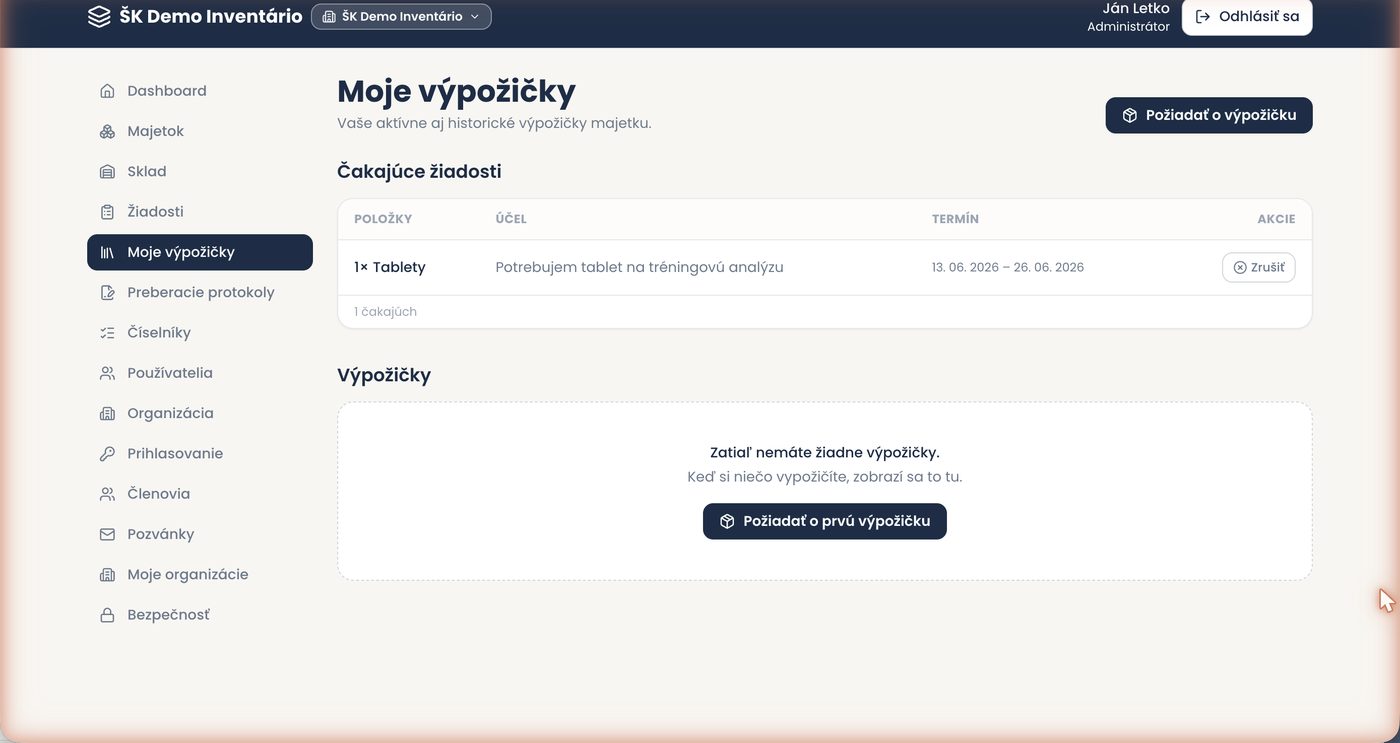 Moje výpožičky v Inventario — čakajúce žiadosti používateľa a prázdny stav aktívnych výpožičiek s výzvou požiadať o výpožičku.