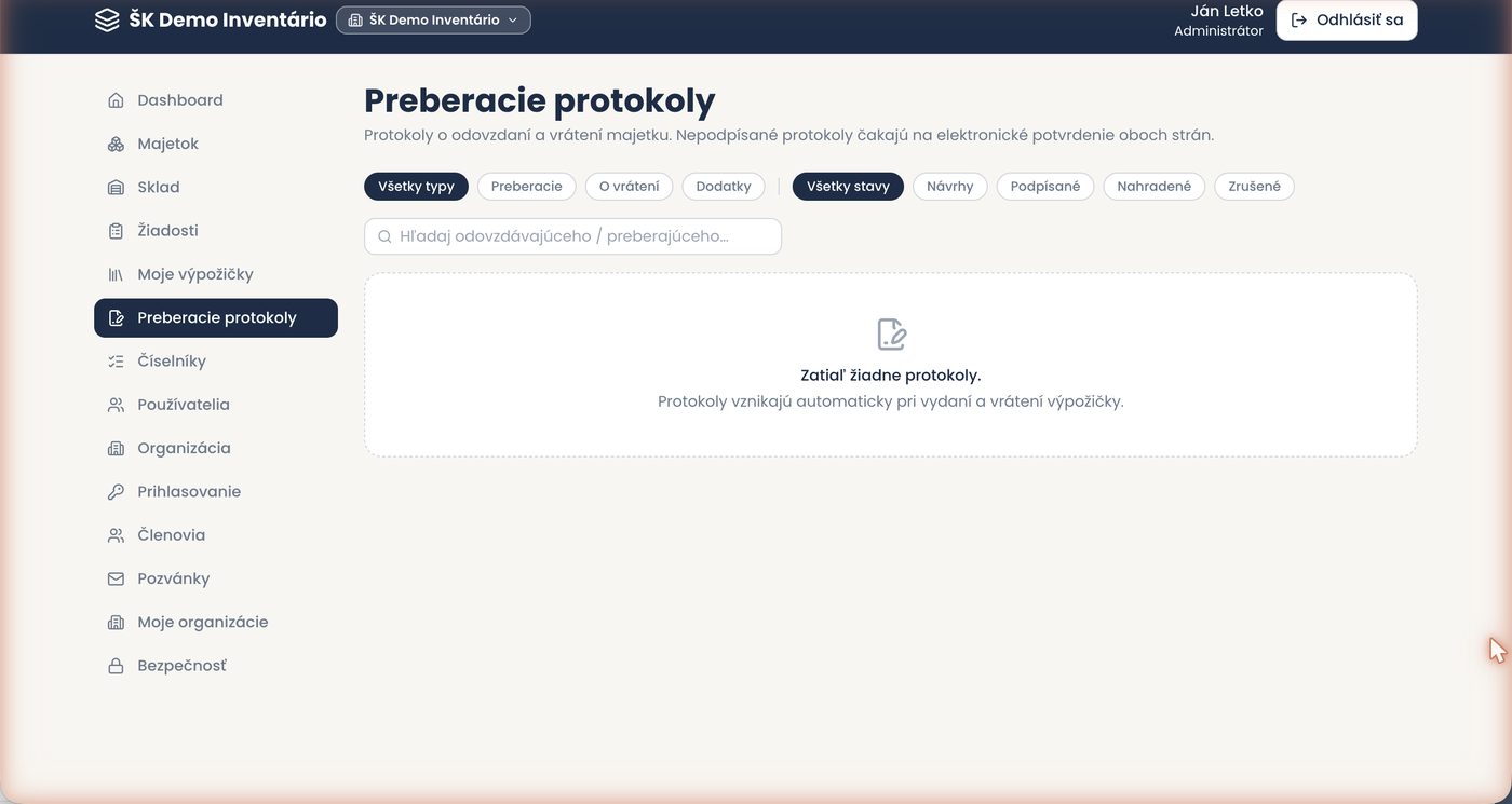 Preberacie protokoly v Inventario — filtre podľa typu a stavu protokolu, prázdny stav s vysvetlením že protokoly vznikajú pri vydaní a vrátení.